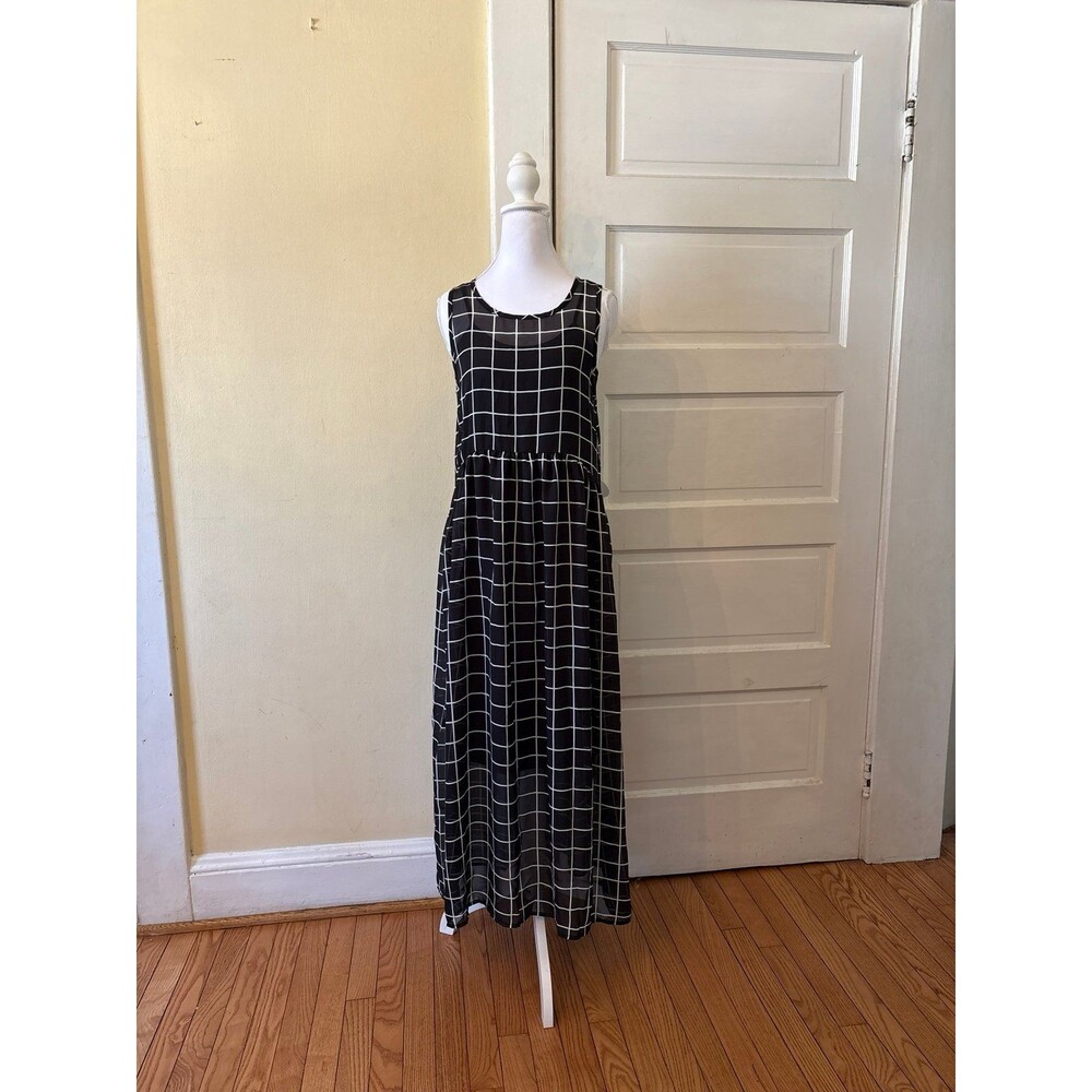 Women's dress maxi midi black white windowpane slip wedding stripes chiffon nwt